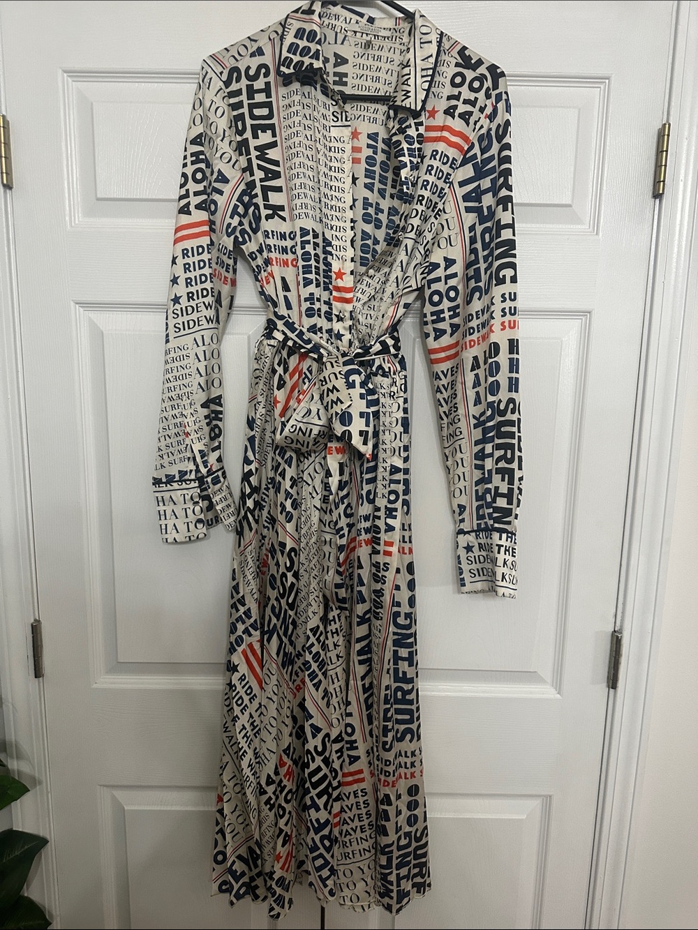 Scotch & Soda Cream Script Print Wrap Dress with Navy & Red Accents